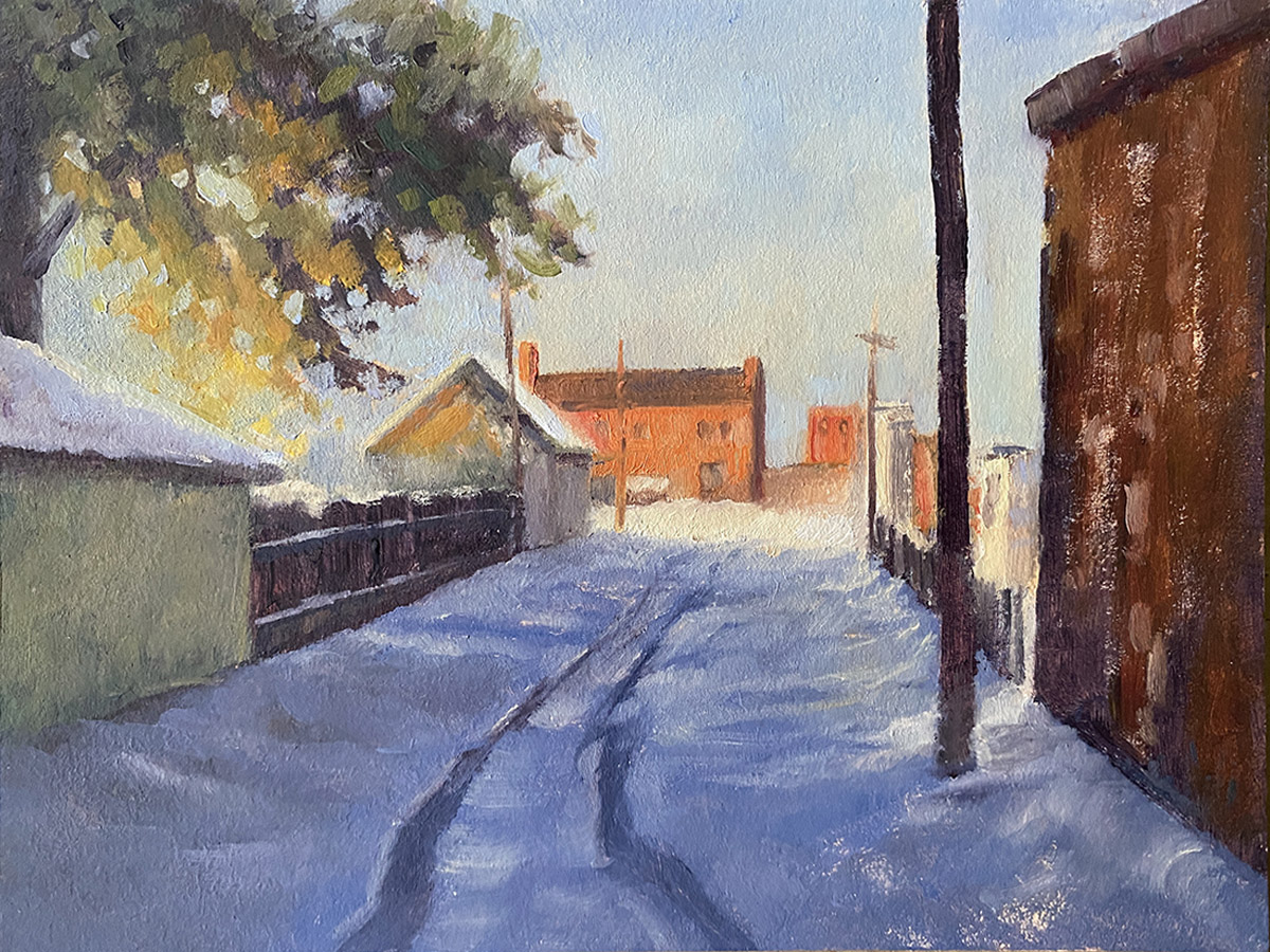 Snowy street painting with winter light and deep perspective