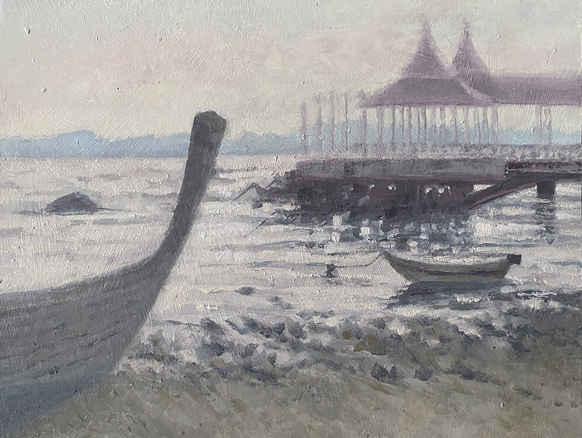Morning boat station painting with quiet water, soft light and still atmosphere