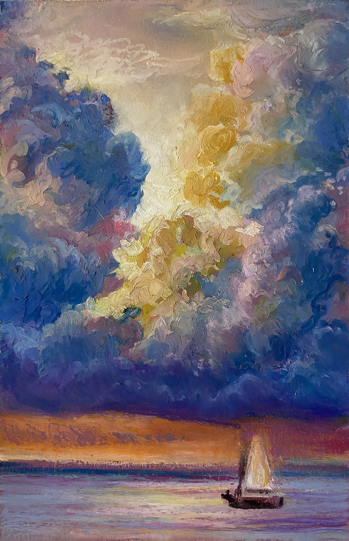 Bright sunset painting with vivid sky, calm water and a small sailboat