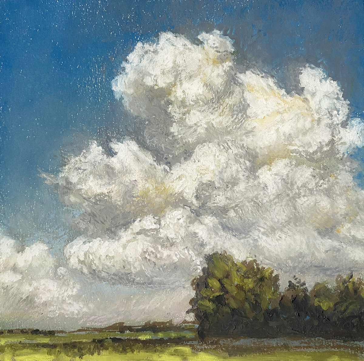 Atmospheric landscape painting with a large glowing cloud over an open field